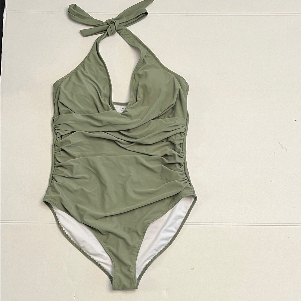 GREEN ONE PIECE PIN-UP HALTER STYLE RUCHED SIDES SWIMSUIT SIZE XL